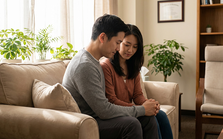 Couple in comfortable therapy setting showing emotional openness and professional support for deeper relationship work"