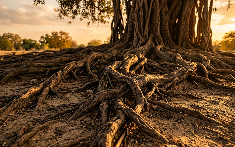 Exposed roots of a large mature tree above ground, representing the deep and early origins of work anxiety