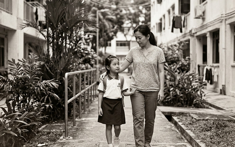 A vintage-style black and white image of a parent and young child in a quiet, tender moment together, representing how early family experiences shape our emotional patterns in adulthood
