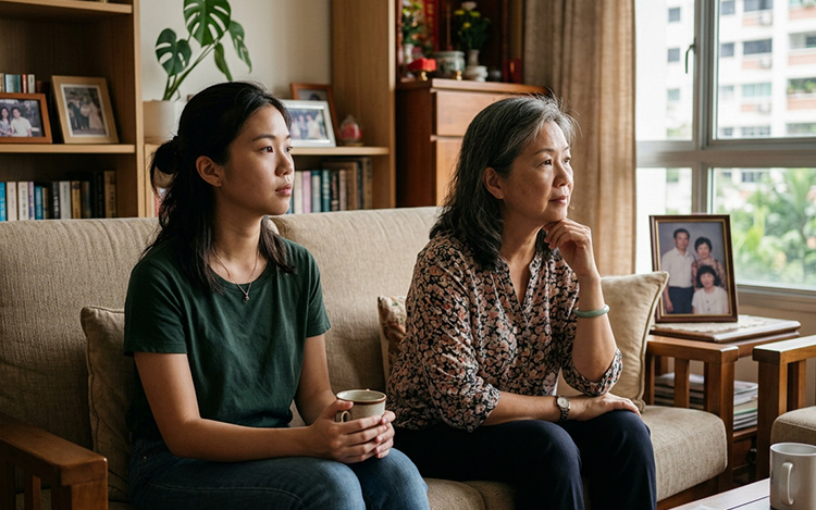 A young adult woman and her mother sitting together in a warmly lit living room, representing the quiet complexity of the parent-adult child relationship