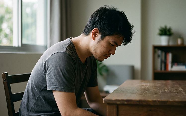 A young adult man sitting alone with a pensive and inward expression, representing the emotional weight of recognising strain in a family relationship