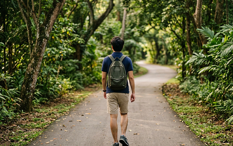 A young adult walking forward along a quiet tree-lined path in soft natural light, representing the hopeful first step towards counselling and personal growth