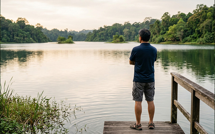 Person standing alone at the edge of a calm lake, representing the quiet and varied ways work anxiety presents