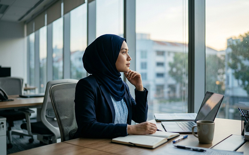 Person sitting at a work desk looking pensive, representing work anxiety in Singapore