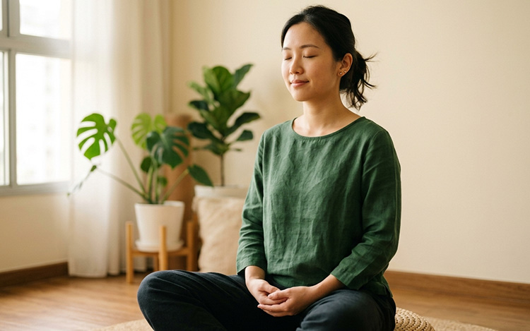 A person sitting calmly with a grounded expression, representing the emotional regulation skills developed through marriage counselling and couples therapy.