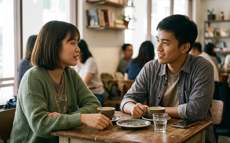 A couple having a calm and attentive conversation, reflecting the communication skills developed through marriage counselling.