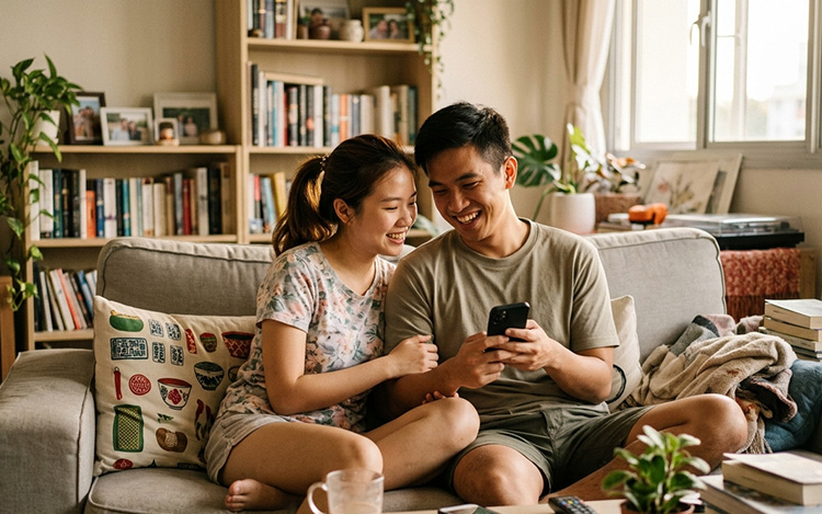 A couple sharing a quiet and relaxed moment at home, representing the lasting communication and relationship skills built through marriage counselling.