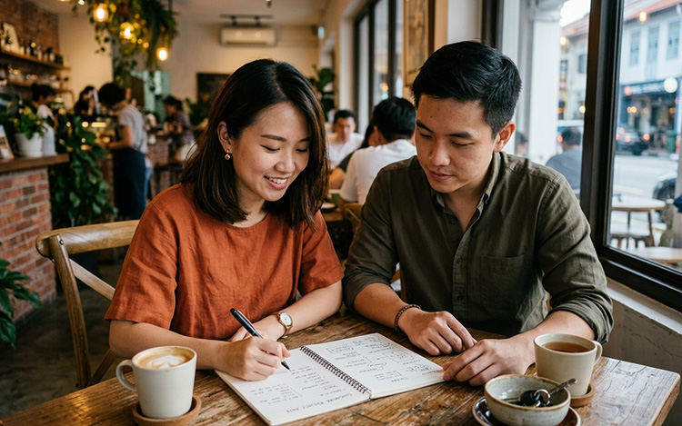 A couple sitting together at a table in a focused and collaborative conversation, representing the process of making important decisions together through marriage counselling.