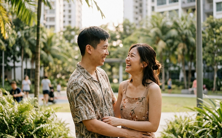 A couple sharing a genuine smile outdoors, representing the idea that marriage counselling supports relationship growth even outside of crisis.