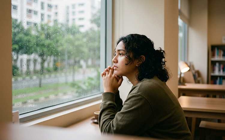 A person in quiet reflection by a window, representing the personal growth and self-awareness that develops through the marriage counselling process.