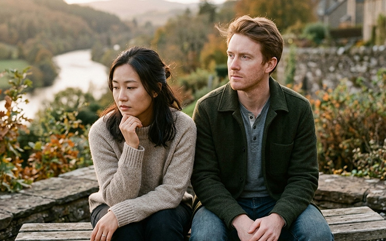 A couple sitting together in quiet reflection, representing the process of understanding the deeper roots of recurring conflicts in a relationship.