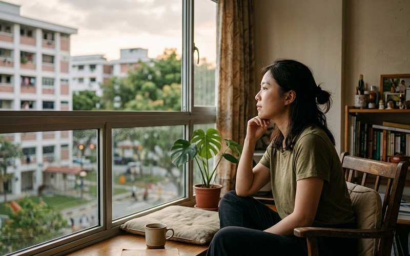 A person sitting alone by a window reflecting on their relationship patterns