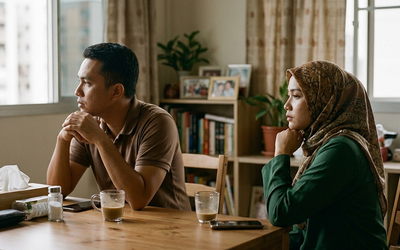Singaporean couple sitting in silence at home, reflecting the reality that many couples in Singapore wait too long before seeking marriage counselling
