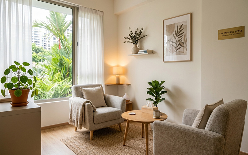 A calm counselling session setting in Singapore, representing evidence that seeking marriage counselling earlier leads to better outcomes