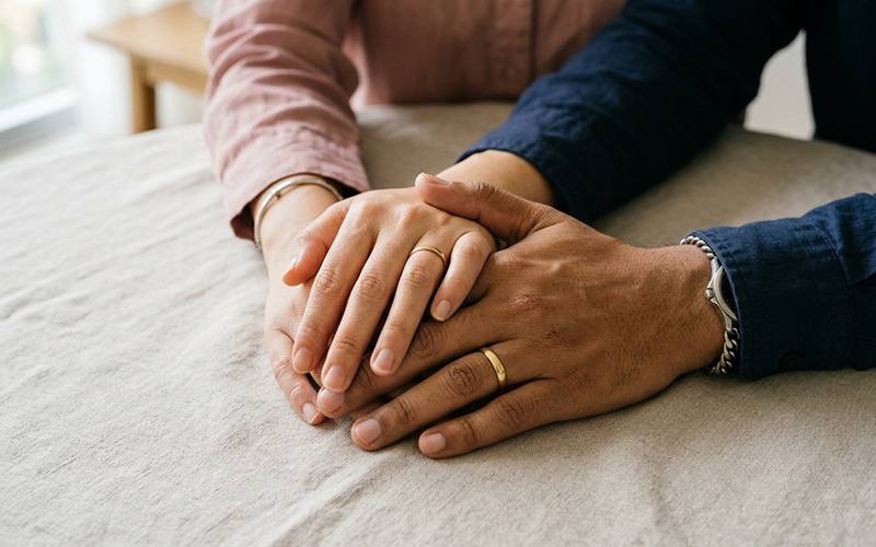 Singaporean couple holding hands gently, symbolising the decision to seek marriage counselling in Singapore and take the first step together